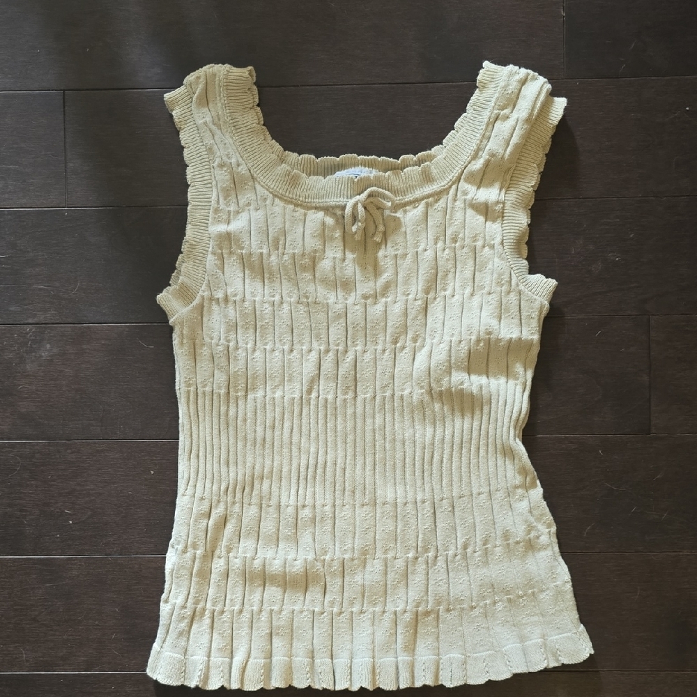 Cream Ribbed Tank Top with Tie Front